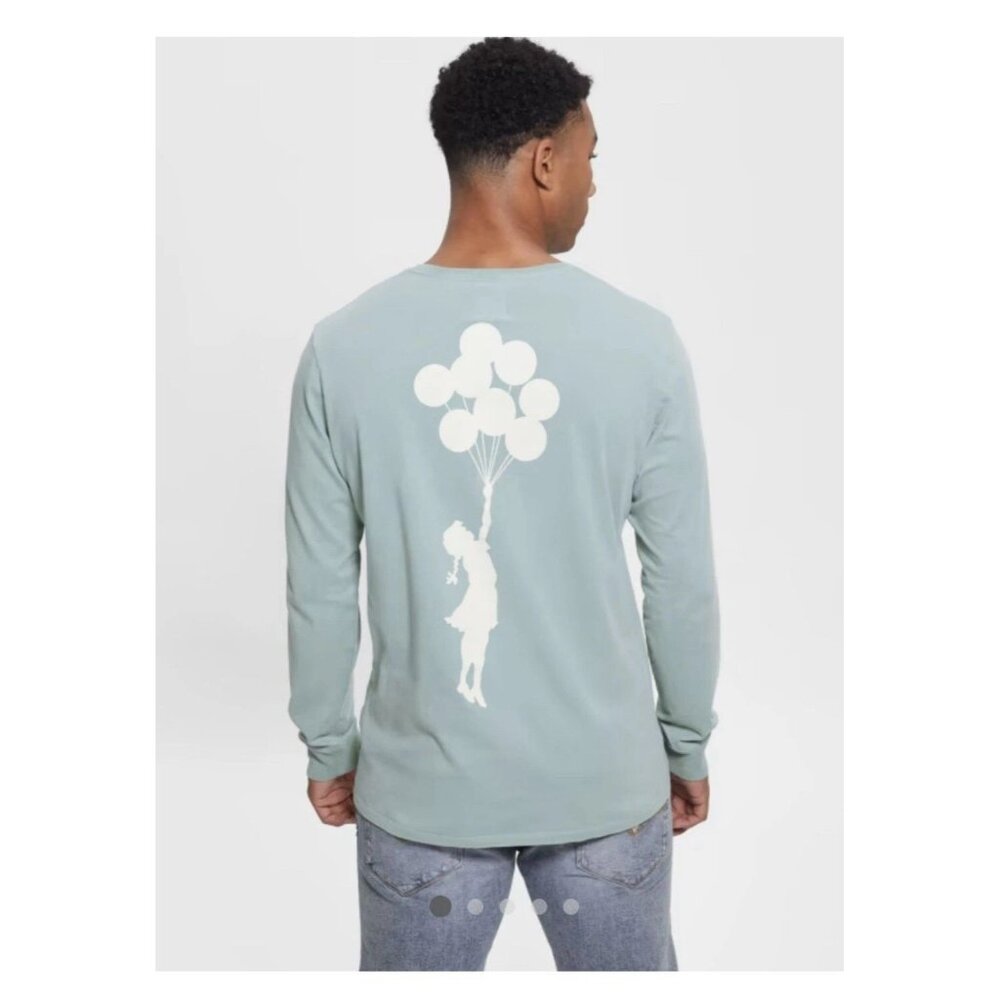 Guess X Banksy Girl W/ Balloon Brandalised Graffiti Medium Shirt Blue Green